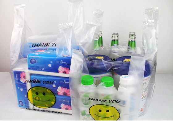 El claro del HDPE del Ldpe le agradece los bolsos polivinílicos para llevar del ultramarinos plástico de las compras de la camiseta con la impresión del logotipo